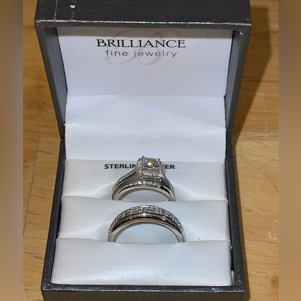 Brilliance Fine Jewelry Sterling Silver Diamond Halo Cushion Trio Ring Set - Picture 3 of 4